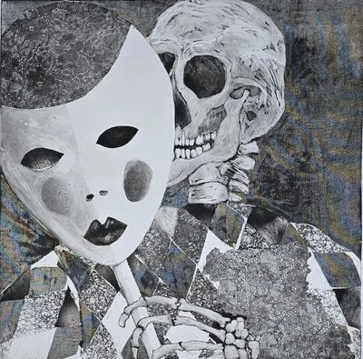 Современный монохромный офорт черепа шута в маске - Изображение 1 из 4