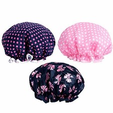 PrettyDate 3 Packs Double layer Shower Cap Waterproof Elastic Bath Cap for Women