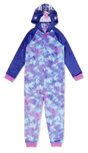 NWT Girl's XS(4/5) Fleece Pajama 1 Pc Snuggle Suit Unicorn Head Hood Warm - Picture 1 of 4