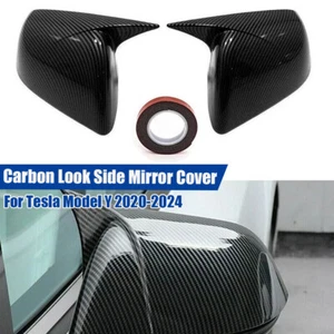 Horn Carbon Fiber Style Wing Side Mirror Cap Covers For Tesla Model Y 2020-2024 - Picture 1 of 9