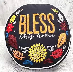 Round Embroidered Pillow Florals “Bless This Home” Black Vibrant Orange 15”x4” - Picture 1 of 7