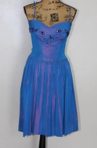 Vintage 50s Percy Trilnick Blue Purple Iridescent Fit & Flare Taffeta Dress XS/S - Picture 1 of 24