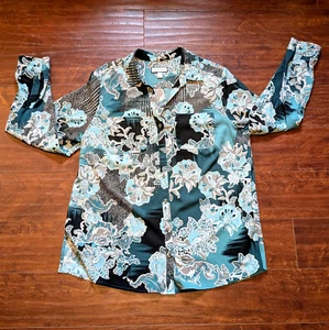 Charter Club Damen L geblümt blau weiß Roll-Riegelärmel seidig Knopfleiste Shirt - Bild 1 von 11