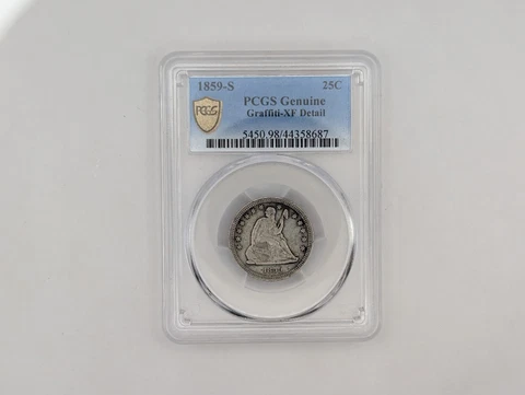 1859 S Seated Liberty Quarter 25C PCGS Genuine Graffiti XF Detail Cover