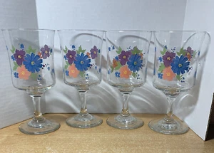 4  Libbey Blue Purple Floral Goblets Stemmed Water Wine Glasses 6 3/4” - Picture 1 of 16