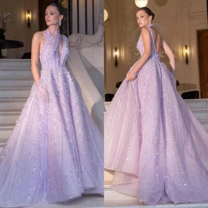 Halter A Line Wedding Dinner Dresses Sequins Beaded Train Layered Backless Ruche - Picture 1 of 15