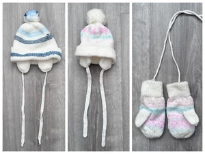 Vintage Mothercare Baby Hats with Ear Flaps Pom Pom Chin Straps & Mittens 1980's - Picture 1 of 7