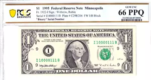 1995 $1 FRN PCGS 66PPQ Fancy TRUE 0/1 BINARY Serial #I10000111B - Picture 1 of 2