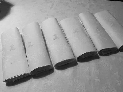 Linge Ancien 6 Serviettes Mariage Damassé Soie Monogramme Entrelacés A M - Photo 1/4