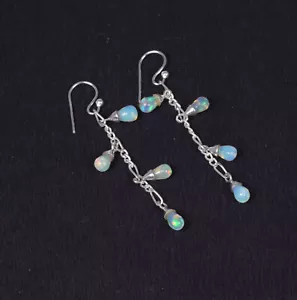 925 Solid Sterling Silver Ethiopian Opal Hook Earring B - Picture 1 of 4
