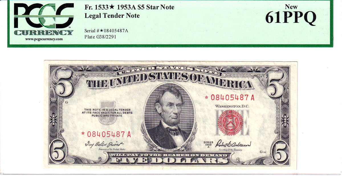 PCGS Currency 1953 $5 US Small Size Paper Money Notes for