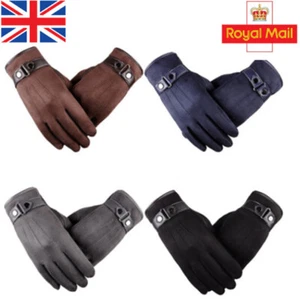 Men's Winter Warm Suede Leather Fleece Lined Thermal Touch Screen Driving Gloves - Picture 1 of 16