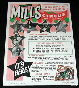 BERTRAM MILLS CIRCUS AND MENAGERIE VINTAGE HANDBILL * OLYMPIA LONDON FLYER - Picture 1 of 1