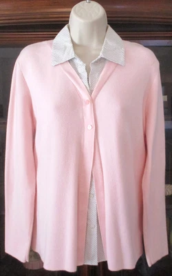 Hampshire Studio Layered Look Pink White Black Polka Dot Cardigan Sweater sz L - Image 1 of 4