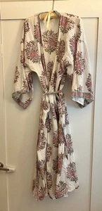 Anokhi Block Print Cotton Long Floral Kimono Robe - One Size Fits Generous - Picture 1 of 4