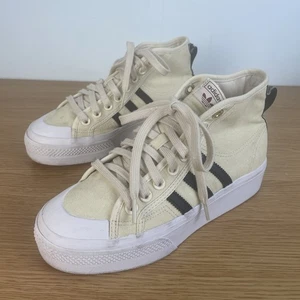 Adidas Nizza UK 6 Platform Mid Canvas Shoes Trainers Sneakers Beige Black Stripe - Picture 1 of 13