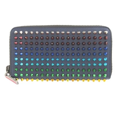 AUTÉNTICO Christian Louboutin Cremallera Alrededor Multi Tachuelas Cartera Larga Cuero Azul/Rojo Foto 1 de 4