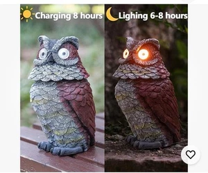 Neu 2er Set Eulen Garten Eule Statuen Solar leuchtende Augen 360° drehbarer Kopf Harz - Bild 1 von 8