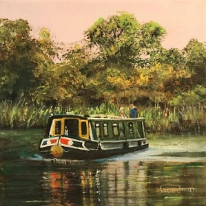 ORIGINAL LEON GOODMAN "The Longboat" canal barge boat river lock OIL PAINTING - Picture 1 of 2