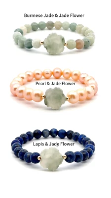 Stretch Gemstones Pearl Bracelet Jade Carved Flower with 18k Tiny Beads - Image 1 of 4