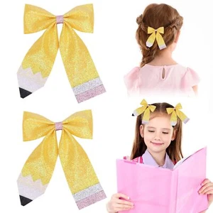 Back to School Bow Hair Clips for Girls 4" Glitter Yellow Pencil Hair Bows Cl... - Picture 1 of 7
