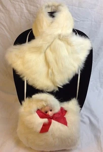 Vintage 1950s Girls Rabbit Fur Neck Scarf & Hand Warmer Muff Doll Winter Set - Picture 1 of 11