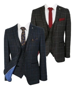 Mens Check Tweed  Suit Retro Wedding Beige Navy Blue Charcoal Grey Set - Picture 1 of 24