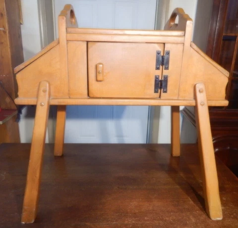 Vintage MCM Maple End Table Stand w Lift lid cubbies & doors Cover