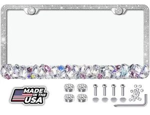 3D Bling Chunky Silver, Clear and Pink Crystals Metal License Plate Frame - Picture 1 of 8