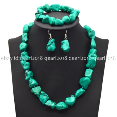 Chunky Natural Turquoise Gemstone Nugget Beaded Necklace Bracelet Earrings Set - Image 1 of 4