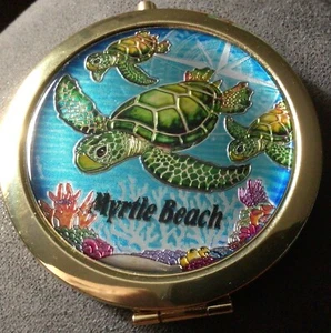 Myrtle Beach, SC Gold Compact Mirror Sea Turtles Metallic Colors Souvenir - Picture 1 of 4