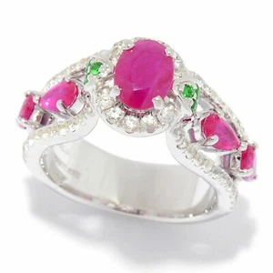 Meher's Jewel Sterling Silver 3.24ctw Ruby, Tsavorite & White Zircon Bridge Ring - Bild 1 von 5
