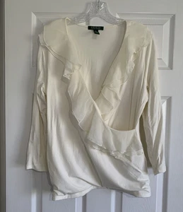 Lauren Ralph Lauren Top Womens XL Cream Ruffle Faux Wrap Deep V Neck - Picture 1 of 9