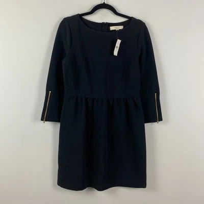 LOFT Zip Cuff Fit & Flare Mini Dress Size 8 Black 3/4 Sleeves Cotton Blend - Image 1 of 4