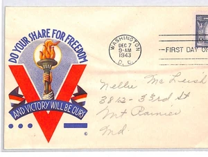 USA WW2 Cover *V FOR VICTORY* Illustrated 1943 FDC DENMARK/UNITED NATIONS XU223 - Picture 1 of 10