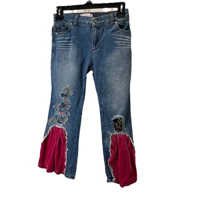 Pantalones de mezclilla Greggy Girl acampanados de pierna ancha bordados de terciopelo rosa talla 7 Foto 1 de 4