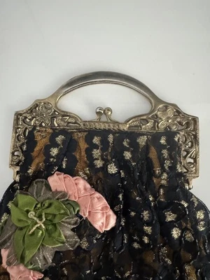 Vintage Lace Black Purse with a Metal Handle 12 Inches Long - Image 1 of 4