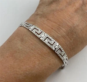 925 Sterling Silver Greek Key Bracelet with Clear CZ Stones Rhodium Plated 7" L - Picture 1 of 5