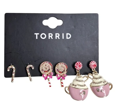 Juego de tres pendientes de caramelo de Navidad tórridos de vacaciones rosa multi tono dorado nuevos Foto 1 de 4