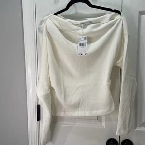 NWT MNG Mango Boat Neck Draped Off White Long Sleeve Size M - Picture 1 of 9