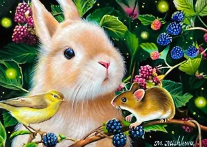 Limited Edition ACEO PRINT Bunny Mouse Bird Friends Berries Forest M. Mishkova - Picture 1 of 1