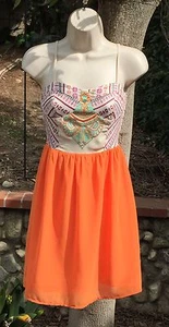 Anthropologie Flying Tomato Dress, Sz. S/P, Junior's Embroidered Boho Orange,Tan - Picture 1 of 5