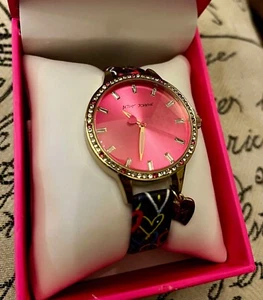 Betsey Johnson Pink Face Watch with Multicoloured Hearts Strap Brand New Boxed - Picture 1 of 5