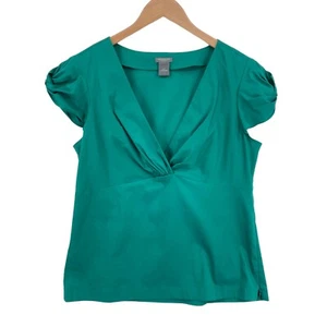 Ann Taylor Women Green Cotton V-Neck Cap Sleeve Side Zipper Blouse Top Size 10P - Picture 1 of 13