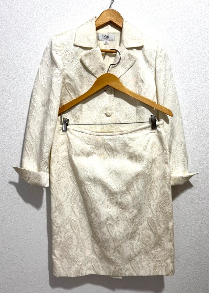 Blazer Le Suit Mujer Marfil Forrado 3 Botones Falda Lápiz Estampado Paisley Talla 4P Foto 1 de 4