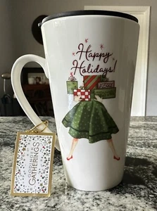 Christmas Travel Mug Godinger Gatherings w Lid Happy Holidays NEW - Picture 1 of 6