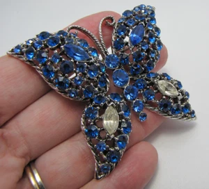 Vintage Unsigned Two Tone Big Blue & White Rhinestone Butterfly Brooch - Picture 1 of 6