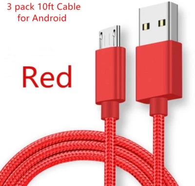 Paquete de 3 cables de datos de carga rápida micro USB de 10 pies cable trenzado para Samsung Android Foto 1 de 4