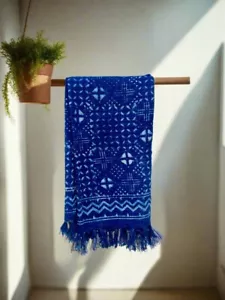 Boho Indian Mud Cloth Throw Blanket With Tassels Hand loomed Block Print Organic - Picture 1 of 4