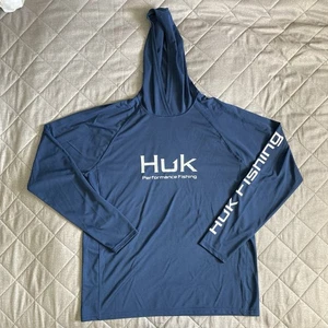 Huk Fishing Lightweight Hoodie Mens Large Navy Blue Outdoors Beach Rash Guard - Picture 1 of 10